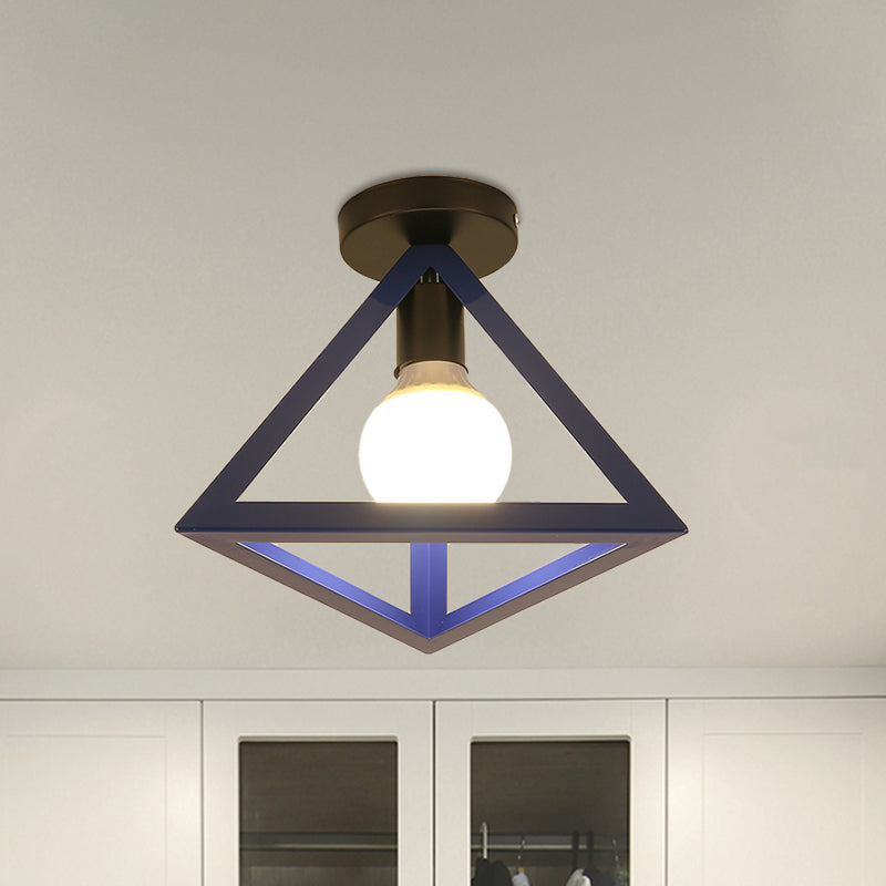 Loft Style Triangle Ceiling Fixture with Cage Shade 1 Bulb Metallic Semi Flush Mount Light in Black/Red Clearhalo 'Ceiling Lights' 'Close To Ceiling Lights' 'Close to ceiling' 'Semi-flushmount' Lighting' 1959504