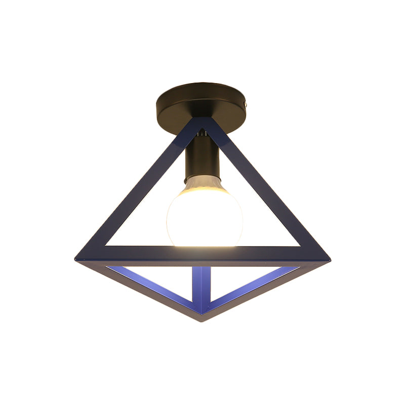 Loft Style Triangle Ceiling Fixture with Cage Shade 1 Bulb Metallic Semi Flush Mount Light in Black/Red Clearhalo 'Ceiling Lights' 'Close To Ceiling Lights' 'Close to ceiling' 'Semi-flushmount' Lighting' 1959505