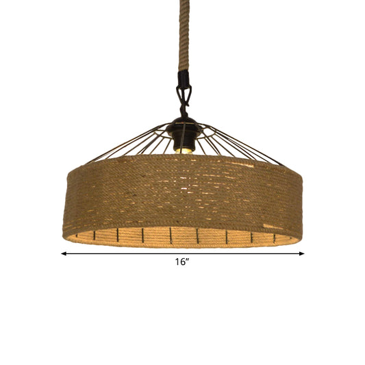 Hemp Rope Drum Suspended Light Country Style 12"/16" Wide 1 Head Restaurant Hanging Lamp in Beige Clearhalo 'Art Deco Pendants' 'Cast Iron' 'Ceiling Lights' 'Ceramic' 'Crystal' 'Industrial Pendants' 'Industrial' 'Metal' 'Middle Century Pendants' 'Pendant Lights' 'Pendants' 'Tiffany' Lighting' 1959631