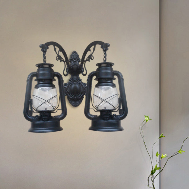 Industrial Lantern Wall Lighting Fixture 2 Bulbs Clear Glass Sconce Light in Black/Bronze/Copper Black A Clearhalo 'Wall Lamps & Sconces' 'Wall Lights' Lighting' 1959772