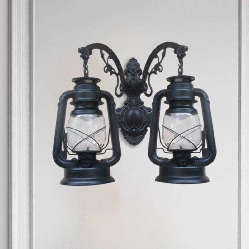 Industrial Lantern Wall Lighting Fixture 2 Bulbs Clear Glass Sconce Light in Black/Bronze/Copper Clearhalo 'Wall Lamps & Sconces' 'Wall Lights' Lighting' 1959773