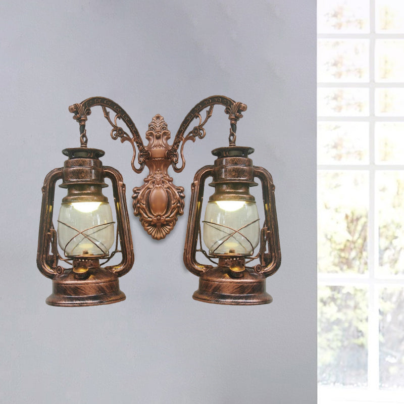 Industrial Lantern Wall Lighting Fixture 2 Bulbs Clear Glass Sconce Light in Black/Bronze/Copper Copper A Clearhalo 'Wall Lamps & Sconces' 'Wall Lights' Lighting' 1959782