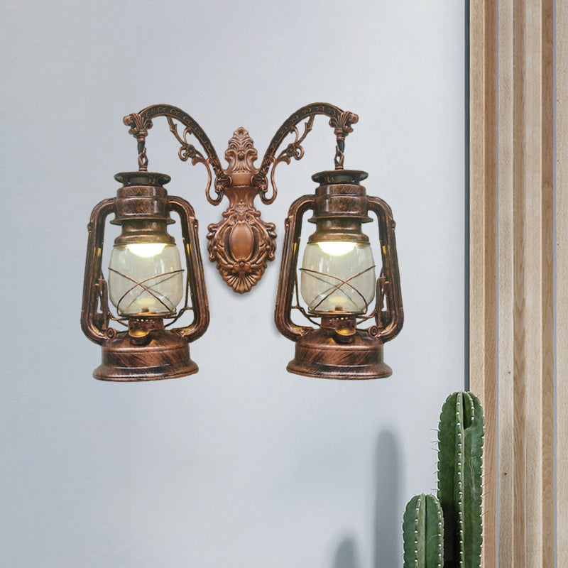 Industrial Lantern Wall Lighting Fixture 2 Bulbs Clear Glass Sconce Light in Black/Bronze/Copper Clearhalo 'Wall Lamps & Sconces' 'Wall Lights' Lighting' 1959783