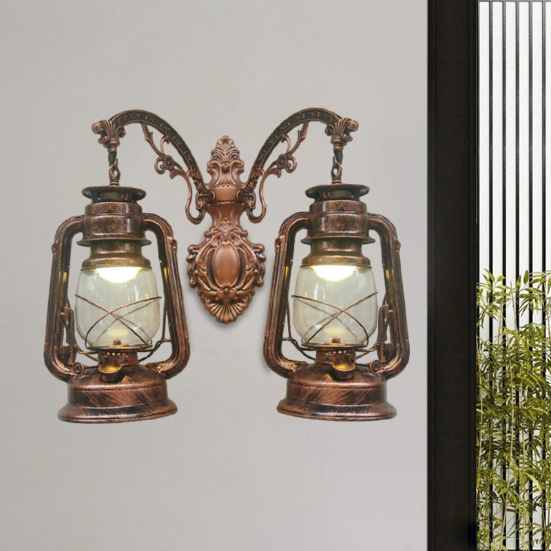 Industrial Lantern Wall Lighting Fixture 2 Bulbs Clear Glass Sconce Light in Black/Bronze/Copper Clearhalo 'Wall Lamps & Sconces' 'Wall Lights' Lighting' 1959784