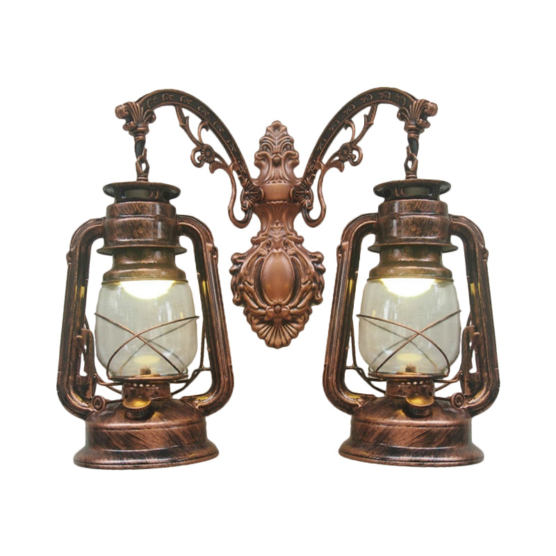 Industrial Lantern Wall Lighting Fixture 2 Bulbs Clear Glass Sconce Light in Black/Bronze/Copper Clearhalo 'Wall Lamps & Sconces' 'Wall Lights' Lighting' 1959785