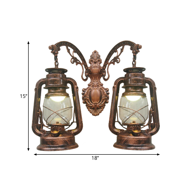 Industrial Lantern Wall Lighting Fixture 2 Bulbs Clear Glass Sconce Light in Black/Bronze/Copper Clearhalo 'Wall Lamps & Sconces' 'Wall Lights' Lighting' 1959786