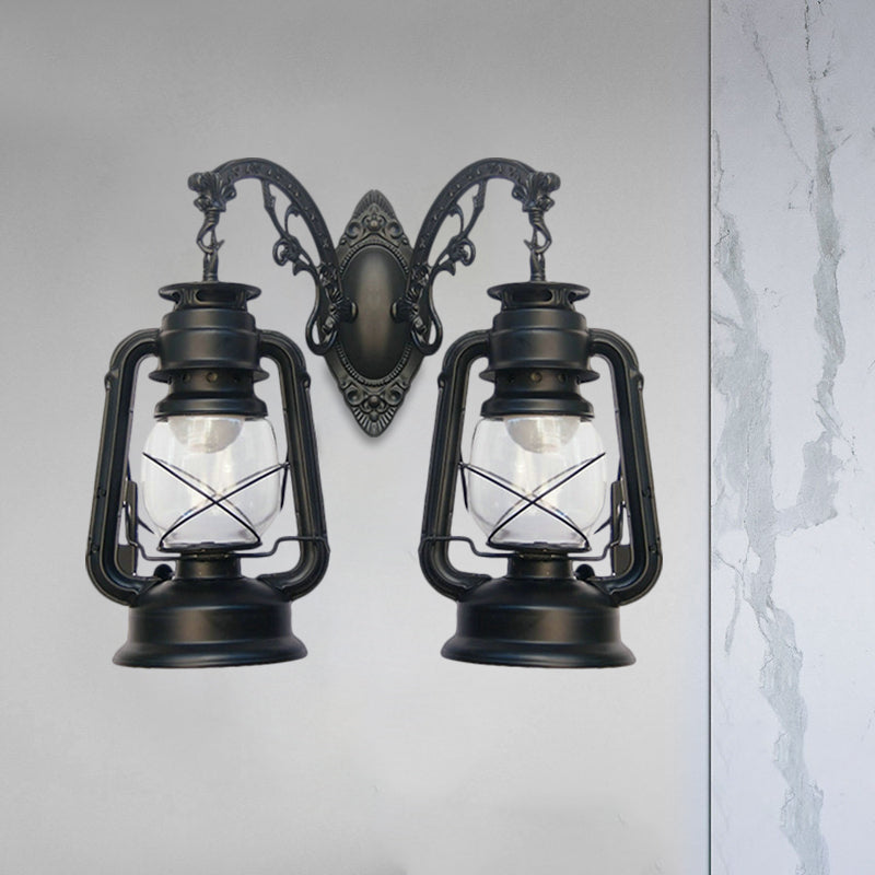 Industrial Lantern Wall Lighting Fixture 2 Bulbs Clear Glass Sconce Light in Black/Bronze/Copper Black B Clearhalo 'Wall Lamps & Sconces' 'Wall Lights' Lighting' 1959787