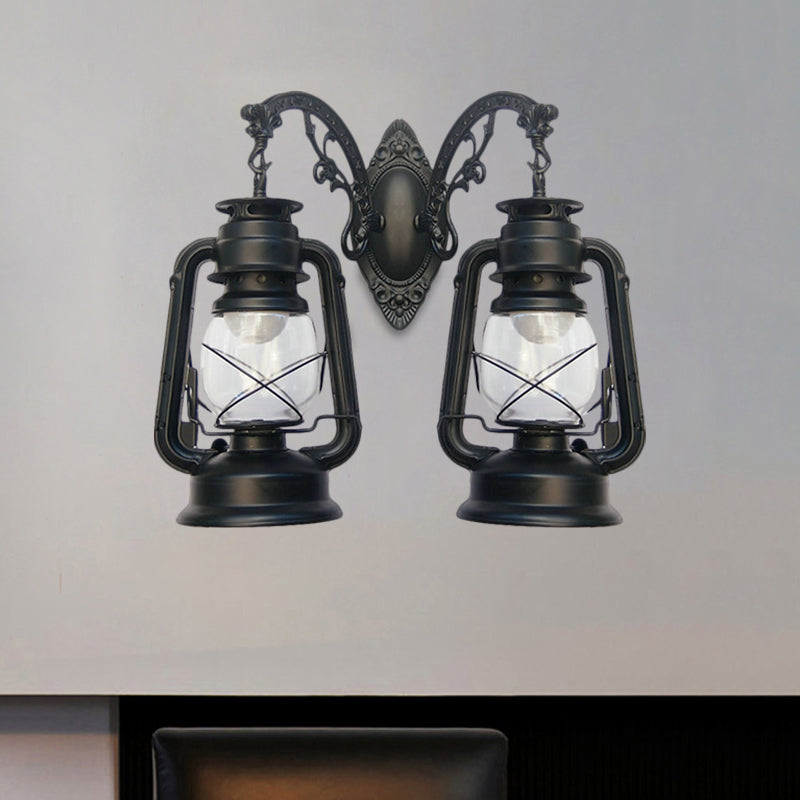 Industrial Lantern Wall Lighting Fixture 2 Bulbs Clear Glass Sconce Light in Black/Bronze/Copper Clearhalo 'Wall Lamps & Sconces' 'Wall Lights' Lighting' 1959789