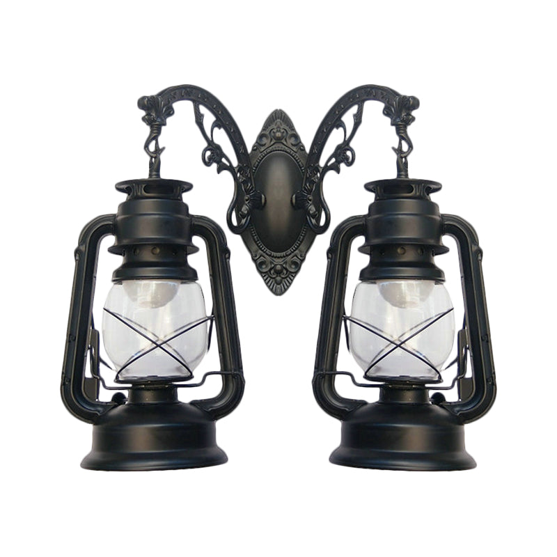 Industrial Lantern Wall Lighting Fixture 2 Bulbs Clear Glass Sconce Light in Black/Bronze/Copper Clearhalo 'Wall Lamps & Sconces' 'Wall Lights' Lighting' 1959790