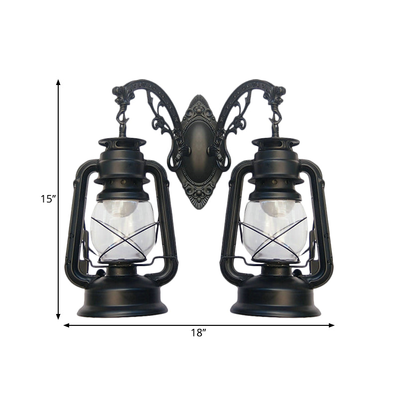 Industrial Lantern Wall Lighting Fixture 2 Bulbs Clear Glass Sconce Light in Black/Bronze/Copper Clearhalo 'Wall Lamps & Sconces' 'Wall Lights' Lighting' 1959791