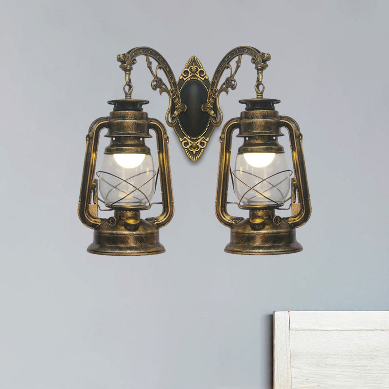 Industrial Lantern Wall Lighting Fixture 2 Bulbs Clear Glass Sconce Light in Black/Bronze/Copper Bronze B Clearhalo 'Wall Lamps & Sconces' 'Wall Lights' Lighting' 1959792