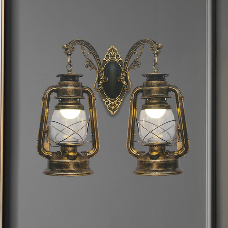 Industrial Lantern Wall Lighting Fixture 2 Bulbs Clear Glass Sconce Light in Black/Bronze/Copper Clearhalo 'Wall Lamps & Sconces' 'Wall Lights' Lighting' 1959793