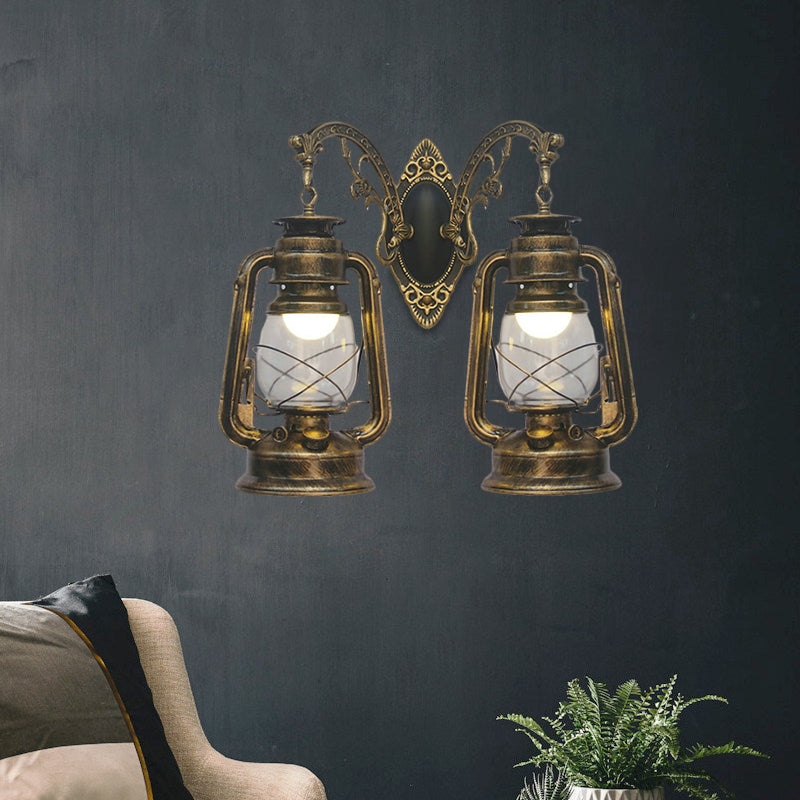 Industrial Lantern Wall Lighting Fixture 2 Bulbs Clear Glass Sconce Light in Black/Bronze/Copper Clearhalo 'Wall Lamps & Sconces' 'Wall Lights' Lighting' 1959794