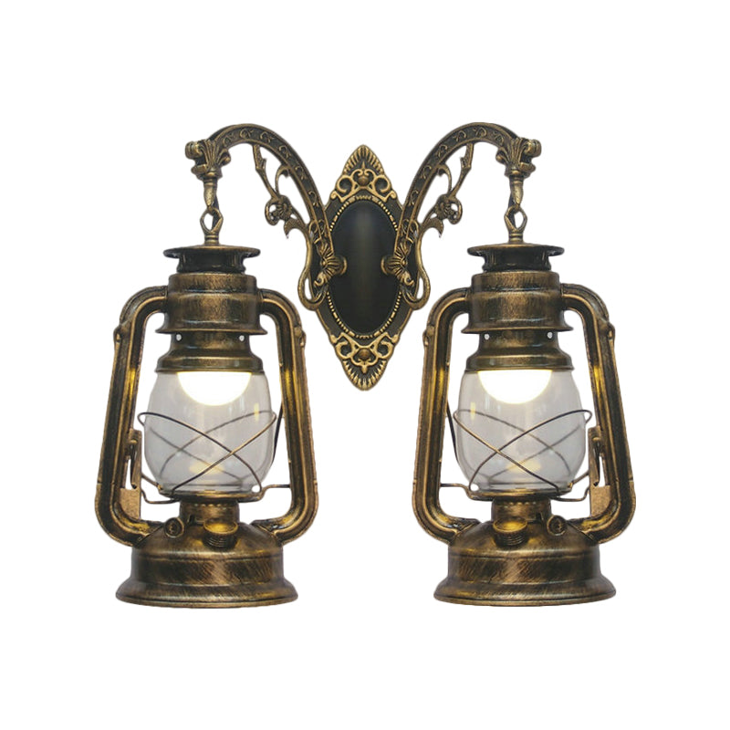 Industrial Lantern Wall Lighting Fixture 2 Bulbs Clear Glass Sconce Light in Black/Bronze/Copper Clearhalo 'Wall Lamps & Sconces' 'Wall Lights' Lighting' 1959795