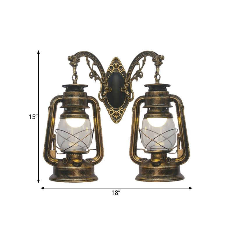 Industrial Lantern Wall Lighting Fixture 2 Bulbs Clear Glass Sconce Light in Black/Bronze/Copper Clearhalo 'Wall Lamps & Sconces' 'Wall Lights' Lighting' 1959796