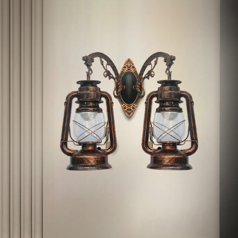 Industrial Lantern Wall Lighting Fixture 2 Bulbs Clear Glass Sconce Light in Black/Bronze/Copper Clearhalo 'Wall Lamps & Sconces' 'Wall Lights' Lighting' 1959798