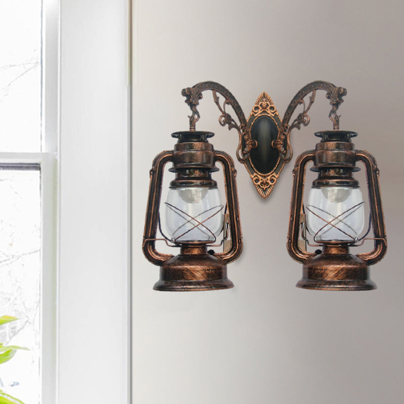 Industrial Lantern Wall Lighting Fixture 2 Bulbs Clear Glass Sconce Light in Black/Bronze/Copper Clearhalo 'Wall Lamps & Sconces' 'Wall Lights' Lighting' 1959799