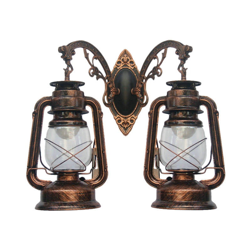 Industrial Lantern Wall Lighting Fixture 2 Bulbs Clear Glass Sconce Light in Black/Bronze/Copper Clearhalo 'Wall Lamps & Sconces' 'Wall Lights' Lighting' 1959800