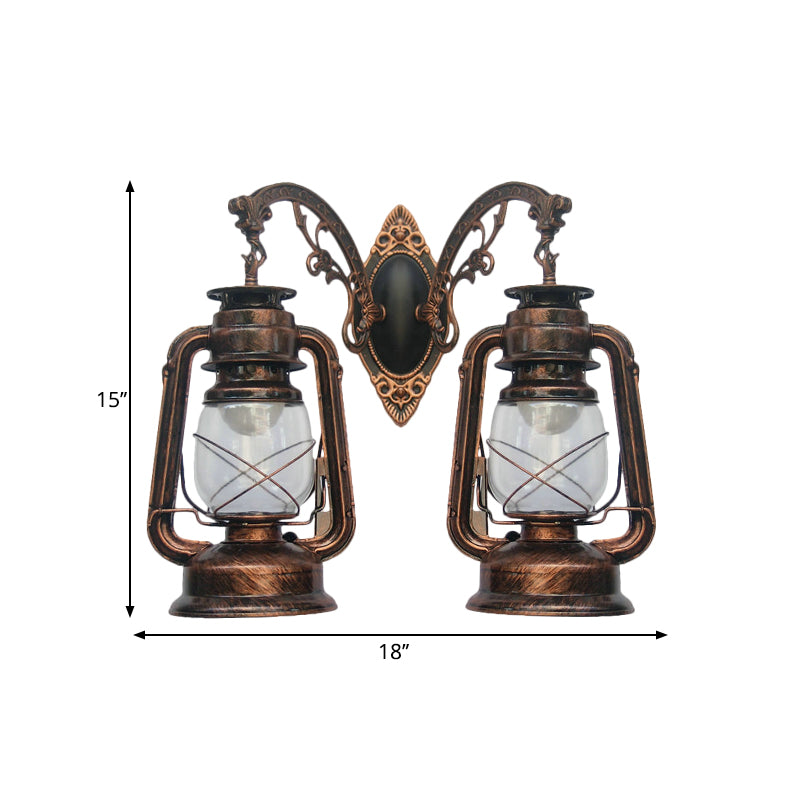 Industrial Lantern Wall Lighting Fixture 2 Bulbs Clear Glass Sconce Light in Black/Bronze/Copper Clearhalo 'Wall Lamps & Sconces' 'Wall Lights' Lighting' 1959801