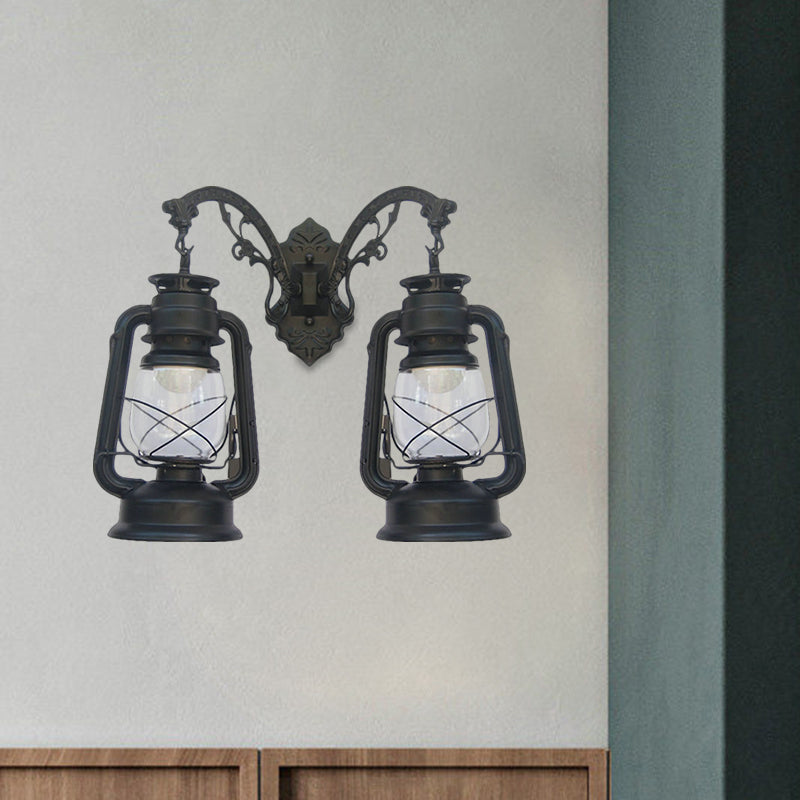 Industrial Lantern Wall Lighting Fixture 2 Bulbs Clear Glass Sconce Light in Black/Bronze/Copper Clearhalo 'Wall Lamps & Sconces' 'Wall Lights' Lighting' 1959803