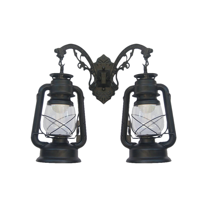 Industrial Lantern Wall Lighting Fixture 2 Bulbs Clear Glass Sconce Light in Black/Bronze/Copper Clearhalo 'Wall Lamps & Sconces' 'Wall Lights' Lighting' 1959805