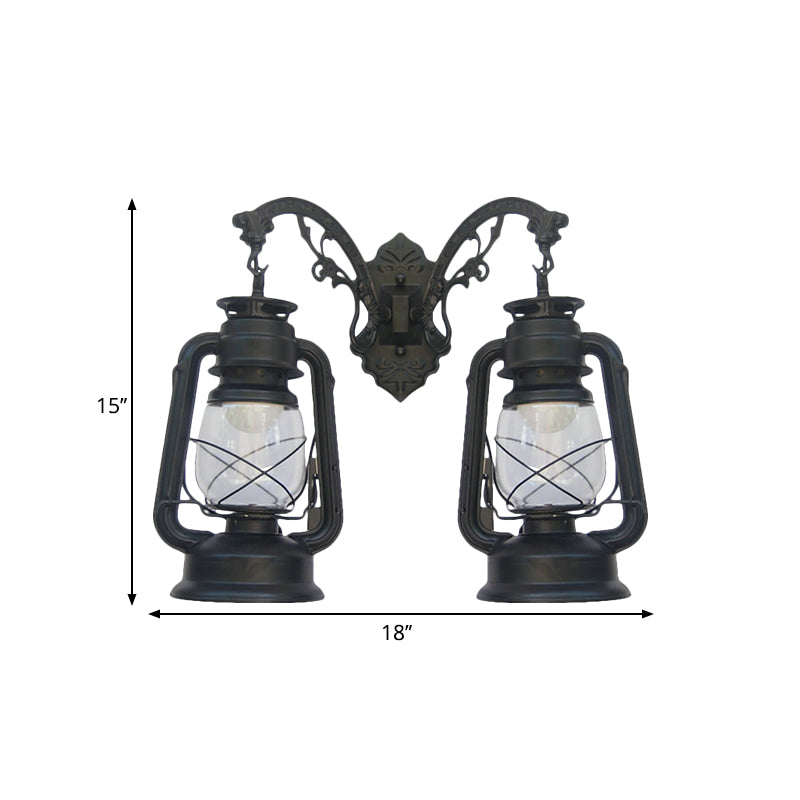 Industrial Lantern Wall Lighting Fixture 2 Bulbs Clear Glass Sconce Light in Black/Bronze/Copper Clearhalo 'Wall Lamps & Sconces' 'Wall Lights' Lighting' 1959806