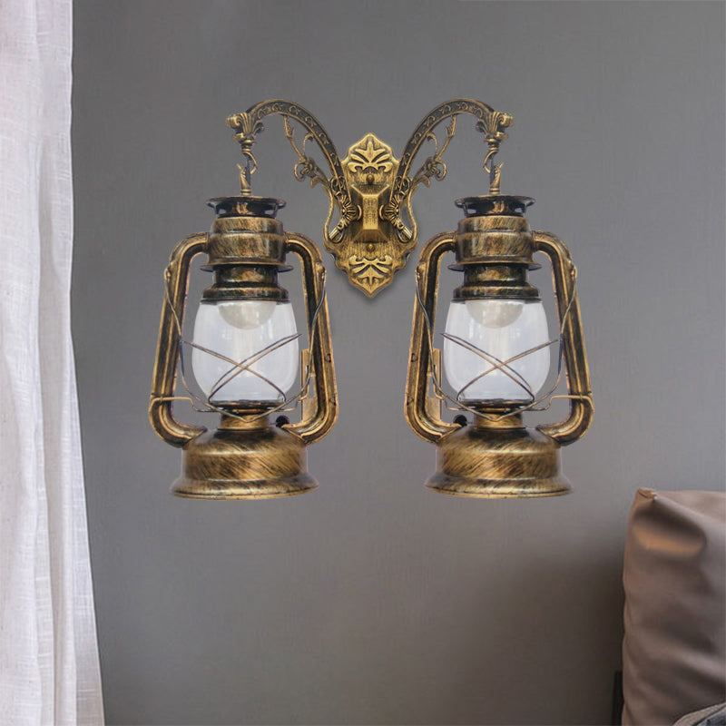 Industrial Lantern Wall Lighting Fixture 2 Bulbs Clear Glass Sconce Light in Black/Bronze/Copper Bronze C Clearhalo 'Wall Lamps & Sconces' 'Wall Lights' Lighting' 1959807