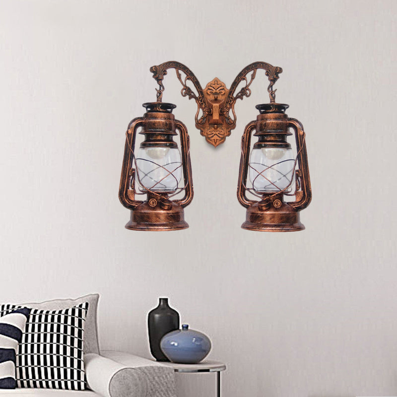 Industrial Lantern Wall Lighting Fixture 2 Bulbs Clear Glass Sconce Light in Black/Bronze/Copper Copper C Clearhalo 'Wall Lamps & Sconces' 'Wall Lights' Lighting' 1959812