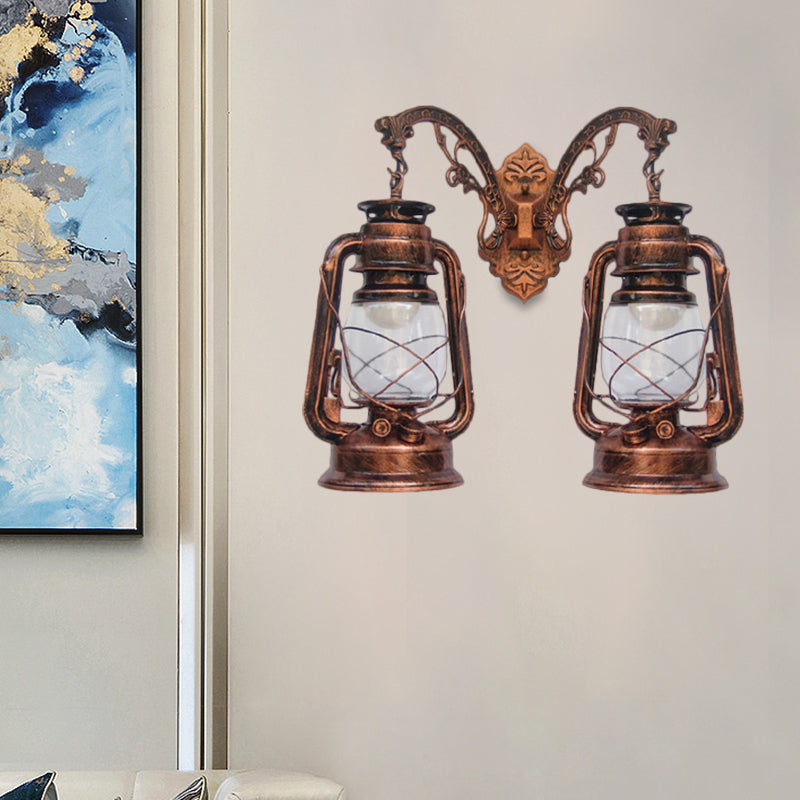 Industrial Lantern Wall Lighting Fixture 2 Bulbs Clear Glass Sconce Light in Black/Bronze/Copper Clearhalo 'Wall Lamps & Sconces' 'Wall Lights' Lighting' 1959813