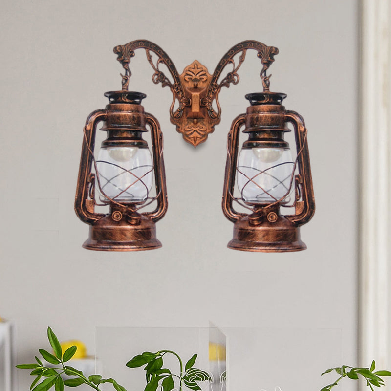 Industrial Lantern Wall Lighting Fixture 2 Bulbs Clear Glass Sconce Light in Black/Bronze/Copper Clearhalo 'Wall Lamps & Sconces' 'Wall Lights' Lighting' 1959814