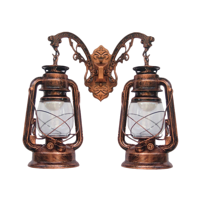 Industrial Lantern Wall Lighting Fixture 2 Bulbs Clear Glass Sconce Light in Black/Bronze/Copper Clearhalo 'Wall Lamps & Sconces' 'Wall Lights' Lighting' 1959815