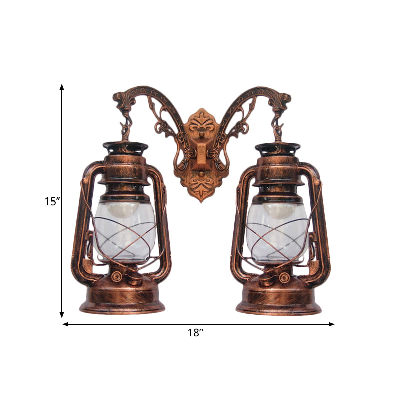 Industrial Lantern Wall Lighting Fixture 2 Bulbs Clear Glass Sconce Light in Black/Bronze/Copper Clearhalo 'Wall Lamps & Sconces' 'Wall Lights' Lighting' 1959816