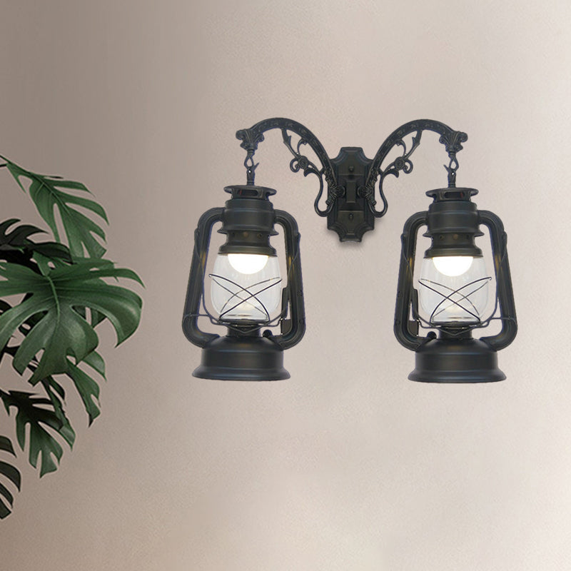 Industrial Lantern Wall Lighting Fixture 2 Bulbs Clear Glass Sconce Light in Black/Bronze/Copper Black D Clearhalo 'Wall Lamps & Sconces' 'Wall Lights' Lighting' 1959817