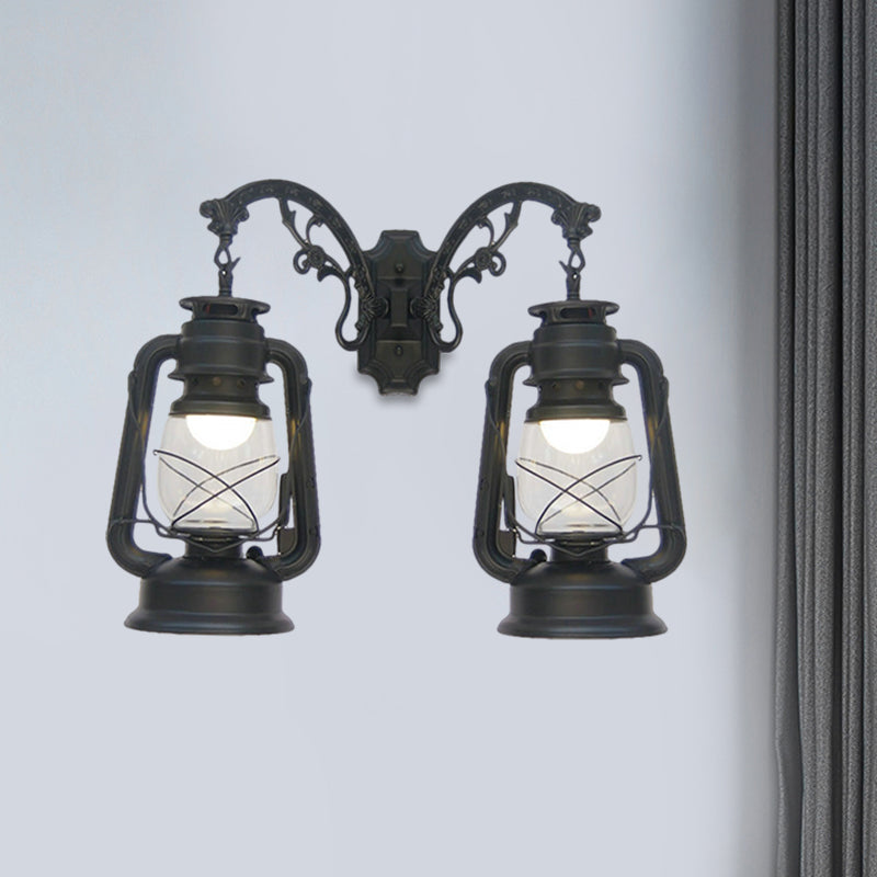 Industrial Lantern Wall Lighting Fixture 2 Bulbs Clear Glass Sconce Light in Black/Bronze/Copper Clearhalo 'Wall Lamps & Sconces' 'Wall Lights' Lighting' 1959818