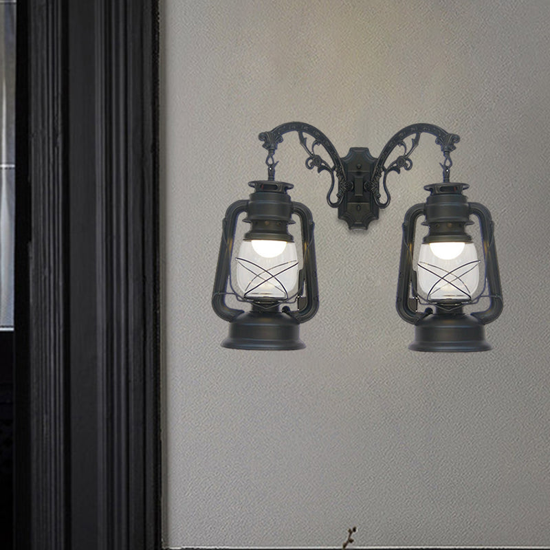 Industrial Lantern Wall Lighting Fixture 2 Bulbs Clear Glass Sconce Light in Black/Bronze/Copper Clearhalo 'Wall Lamps & Sconces' 'Wall Lights' Lighting' 1959819