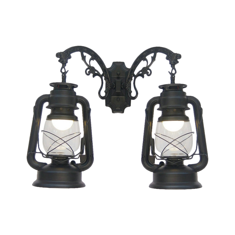 Industrial Lantern Wall Lighting Fixture 2 Bulbs Clear Glass Sconce Light in Black/Bronze/Copper Clearhalo 'Wall Lamps & Sconces' 'Wall Lights' Lighting' 1959820