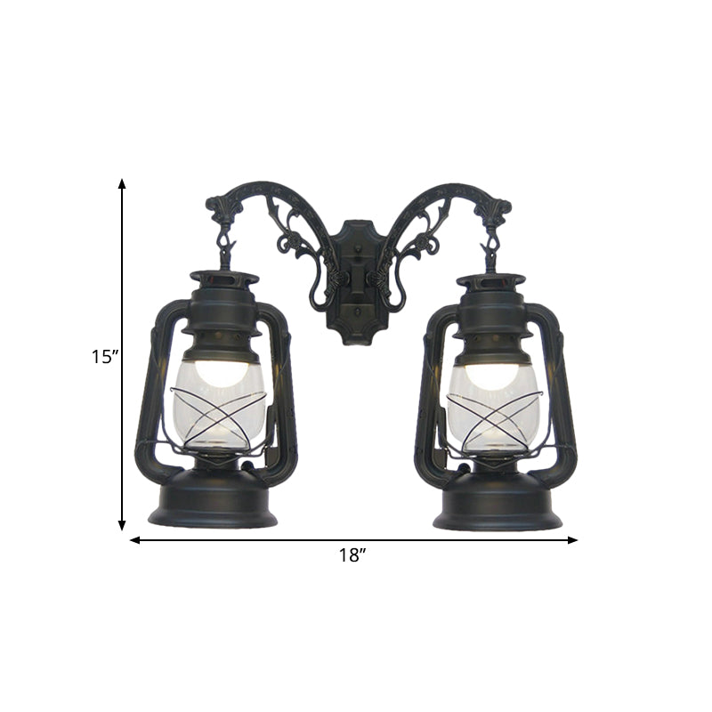 Industrial Lantern Wall Lighting Fixture 2 Bulbs Clear Glass Sconce Light in Black/Bronze/Copper Clearhalo 'Wall Lamps & Sconces' 'Wall Lights' Lighting' 1959821