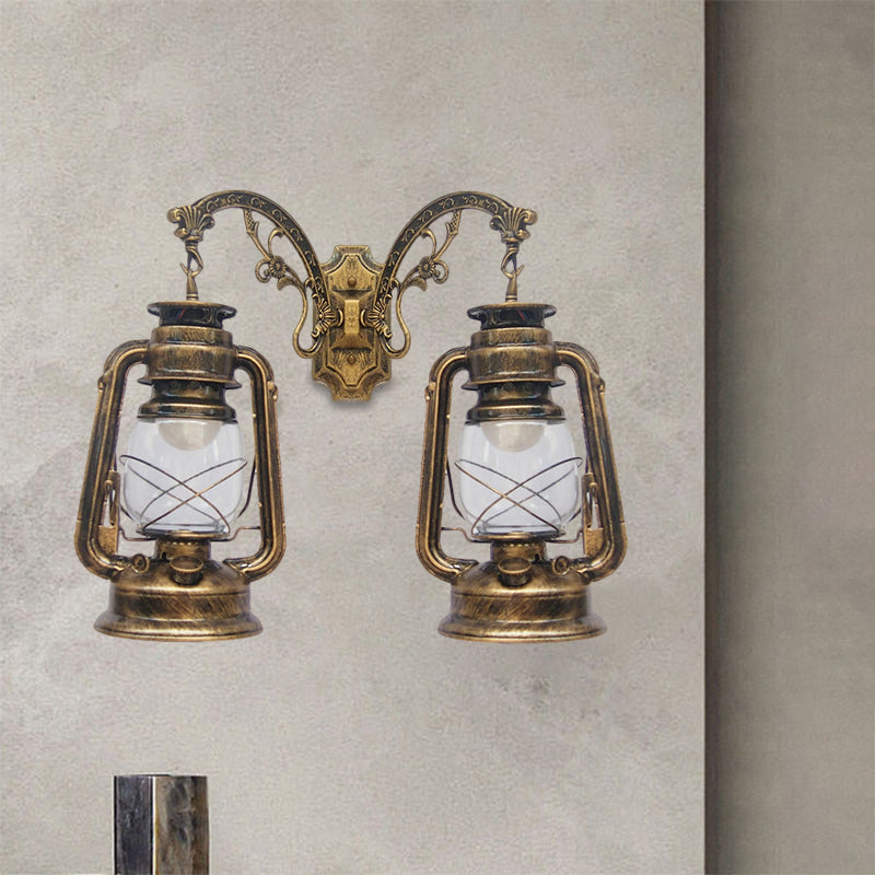 Industrial Lantern Wall Lighting Fixture 2 Bulbs Clear Glass Sconce Light in Black/Bronze/Copper Bronze D Clearhalo 'Wall Lamps & Sconces' 'Wall Lights' Lighting' 1959822