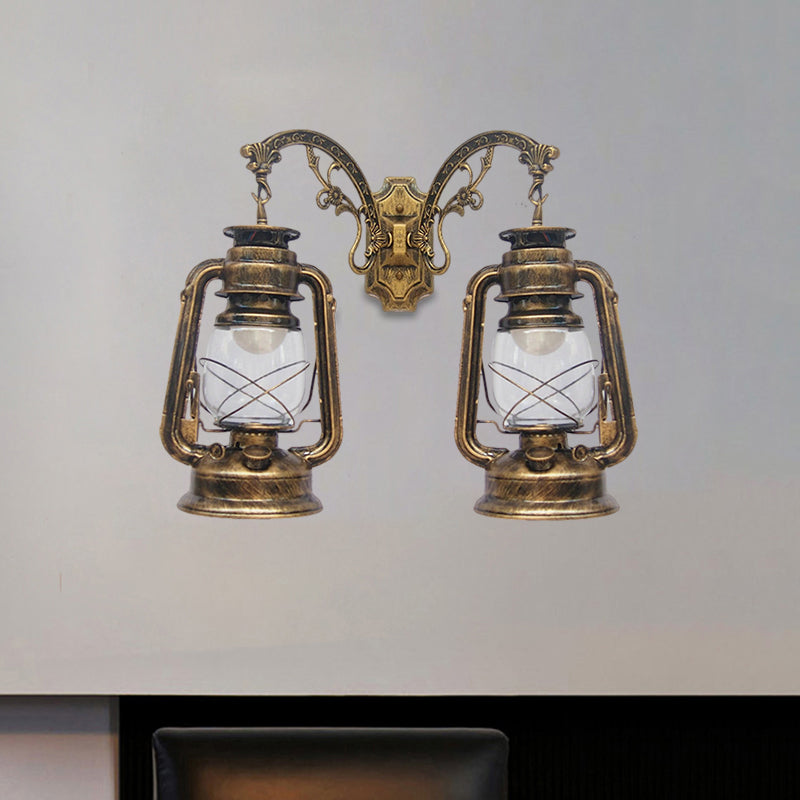 Industrial Lantern Wall Lighting Fixture 2 Bulbs Clear Glass Sconce Light in Black/Bronze/Copper Clearhalo 'Wall Lamps & Sconces' 'Wall Lights' Lighting' 1959823