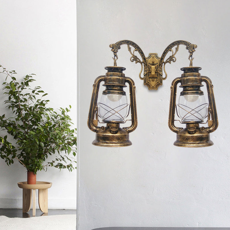 Industrial Lantern Wall Lighting Fixture 2 Bulbs Clear Glass Sconce Light in Black/Bronze/Copper Clearhalo 'Wall Lamps & Sconces' 'Wall Lights' Lighting' 1959824