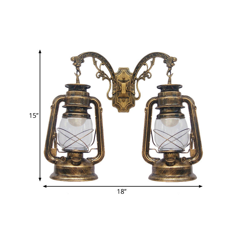 Industrial Lantern Wall Lighting Fixture 2 Bulbs Clear Glass Sconce Light in Black/Bronze/Copper Clearhalo 'Wall Lamps & Sconces' 'Wall Lights' Lighting' 1959826