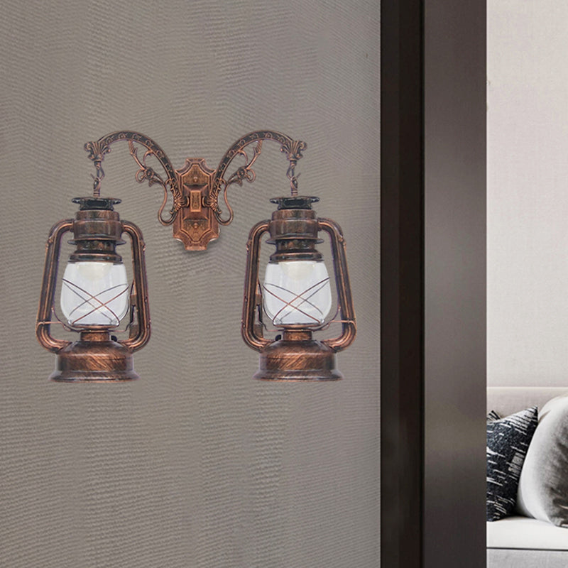 Industrial Lantern Wall Lighting Fixture 2 Bulbs Clear Glass Sconce Light in Black/Bronze/Copper Copper D Clearhalo 'Wall Lamps & Sconces' 'Wall Lights' Lighting' 1959827