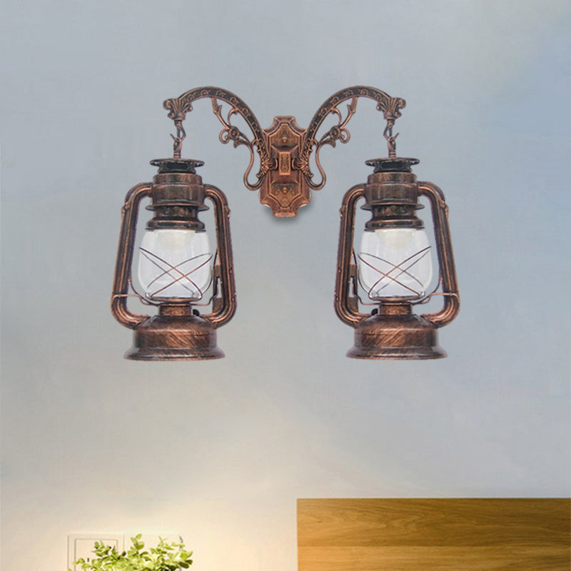 Industrial Lantern Wall Lighting Fixture 2 Bulbs Clear Glass Sconce Light in Black/Bronze/Copper Clearhalo 'Wall Lamps & Sconces' 'Wall Lights' Lighting' 1959829