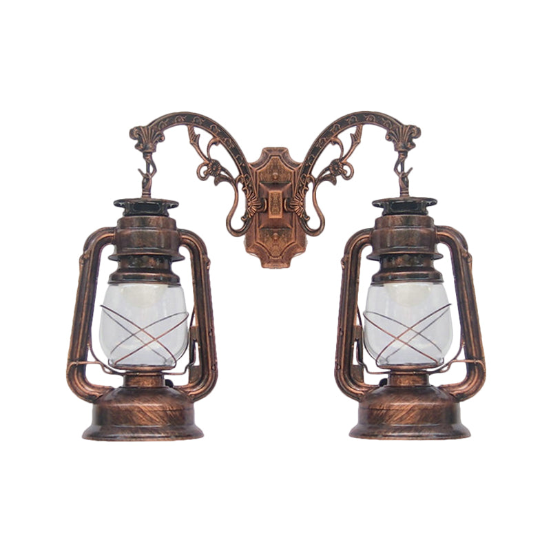 Industrial Lantern Wall Lighting Fixture 2 Bulbs Clear Glass Sconce Light in Black/Bronze/Copper Clearhalo 'Wall Lamps & Sconces' 'Wall Lights' Lighting' 1959830