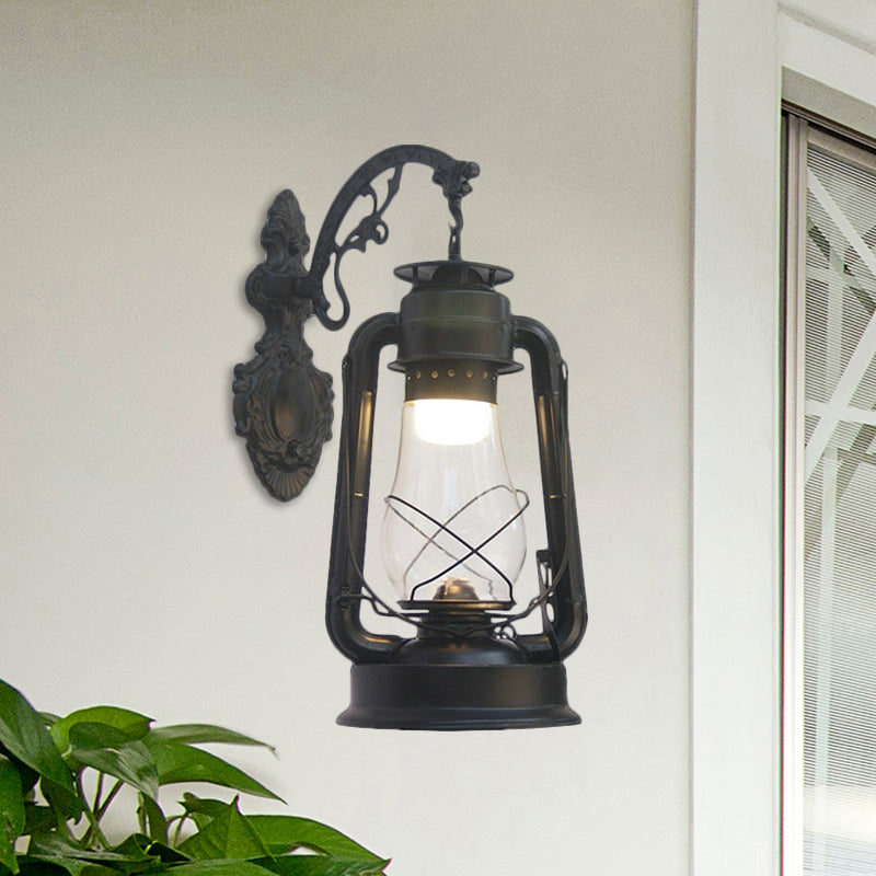 Lantern Clear Glass Wall Hanging Light Vintage Single Bulb Outdoor Sconce Lamp in Black/Bronze/Copper Black A Clearhalo 'Wall Lamps & Sconces' 'Wall Lights' Lighting' 1959847