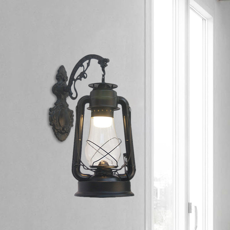 Lantern Clear Glass Wall Hanging Light Vintage Single Bulb Outdoor Sconce Lamp in Black/Bronze/Copper Clearhalo 'Wall Lamps & Sconces' 'Wall Lights' Lighting' 1959849