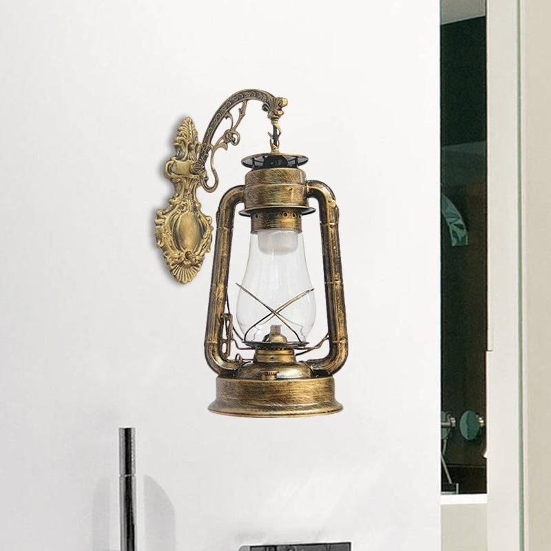 Lantern Clear Glass Wall Hanging Light Vintage Single Bulb Outdoor Sconce Lamp in Black/Bronze/Copper Bronze A Clearhalo 'Wall Lamps & Sconces' 'Wall Lights' Lighting' 1959852