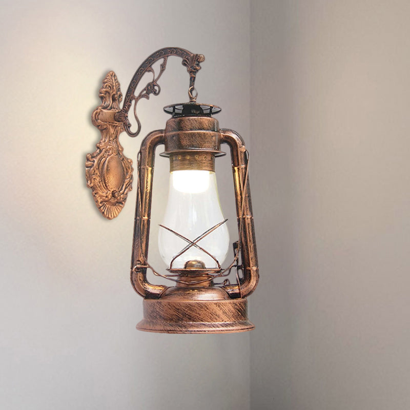 Lantern Clear Glass Wall Hanging Light Vintage Single Bulb Outdoor Sconce Lamp in Black/Bronze/Copper Copper A Clearhalo 'Wall Lamps & Sconces' 'Wall Lights' Lighting' 1959857