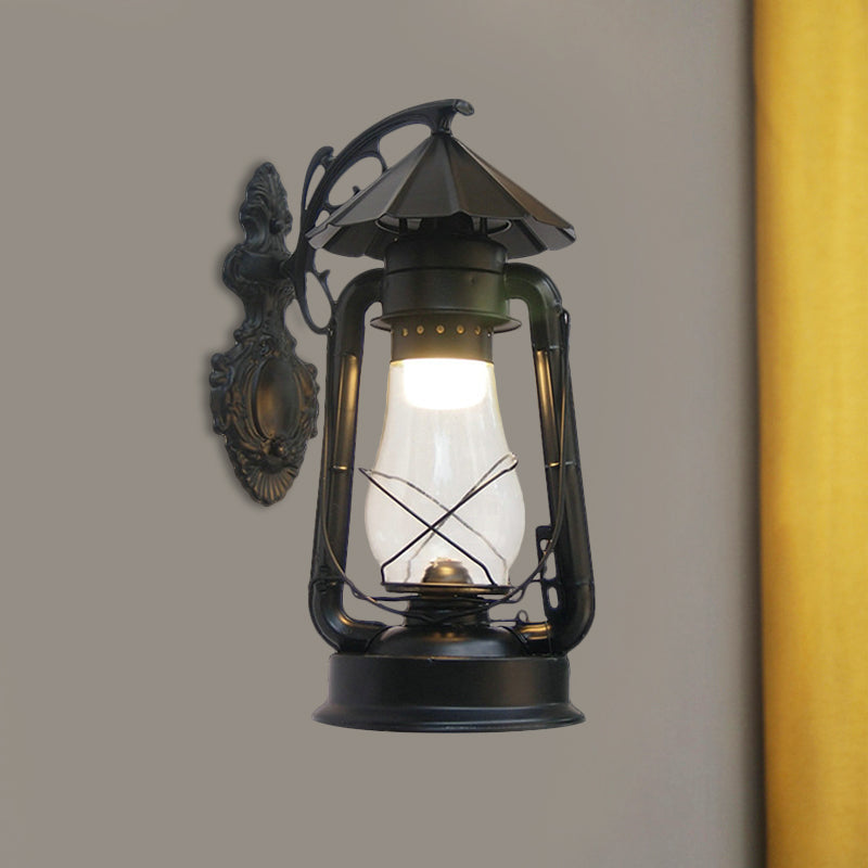 Lantern Clear Glass Wall Hanging Light Vintage Single Bulb Outdoor Sconce Lamp in Black/Bronze/Copper Black B Clearhalo 'Wall Lamps & Sconces' 'Wall Lights' Lighting' 1959862