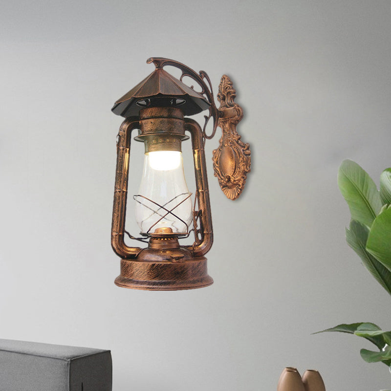 Lantern Clear Glass Wall Hanging Light Vintage Single Bulb Outdoor Sconce Lamp in Black/Bronze/Copper Copper B Clearhalo 'Wall Lamps & Sconces' 'Wall Lights' Lighting' 1959872